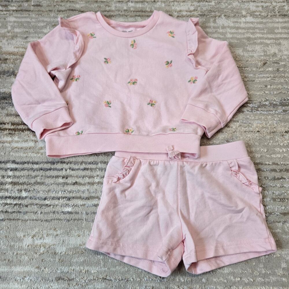 Little Me Girls Matching Set Pink Shorts and Sweater Embroidered Flowers 2T